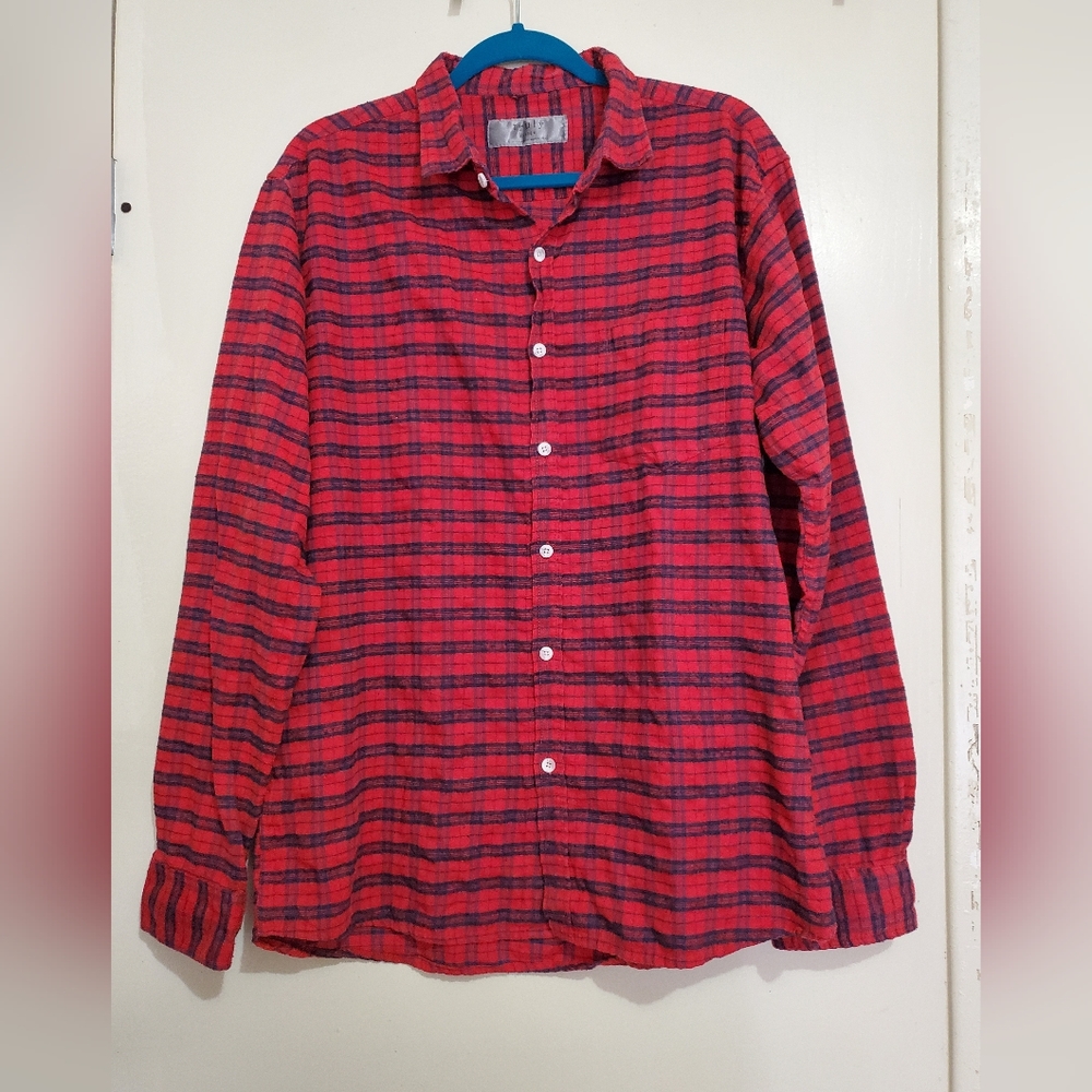 Truly Men's Navy Red Casual Flannel Button Front Long Sleeve Shirt Size XL